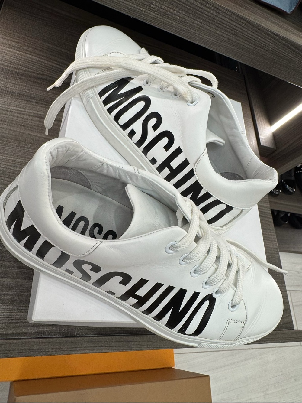 Moschino White Leather Sneakers with Black Logo Print